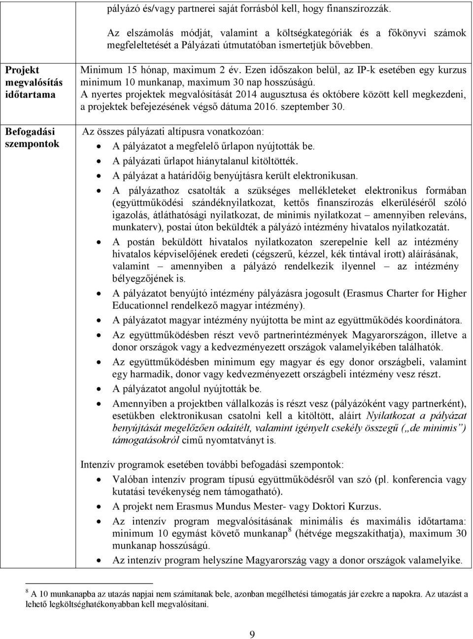 Projekt megvalósítás időtartama Befogadási szempontok Minimum 15 hónap, maximum 2 év. Ezen időszakon belül, az IP-k esetében egy kurzus minimum 10 munkanap, maximum 30 nap hosszúságú.