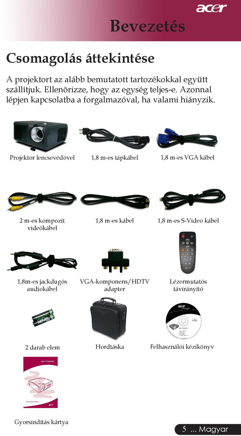 Projektor lencsevédõvel 1,8 m-es tápkábel 1,8 m-es VGA kábel 2 m-es kompozit videókábel 1,8 m-es kábel 1,8 m-es S-Video