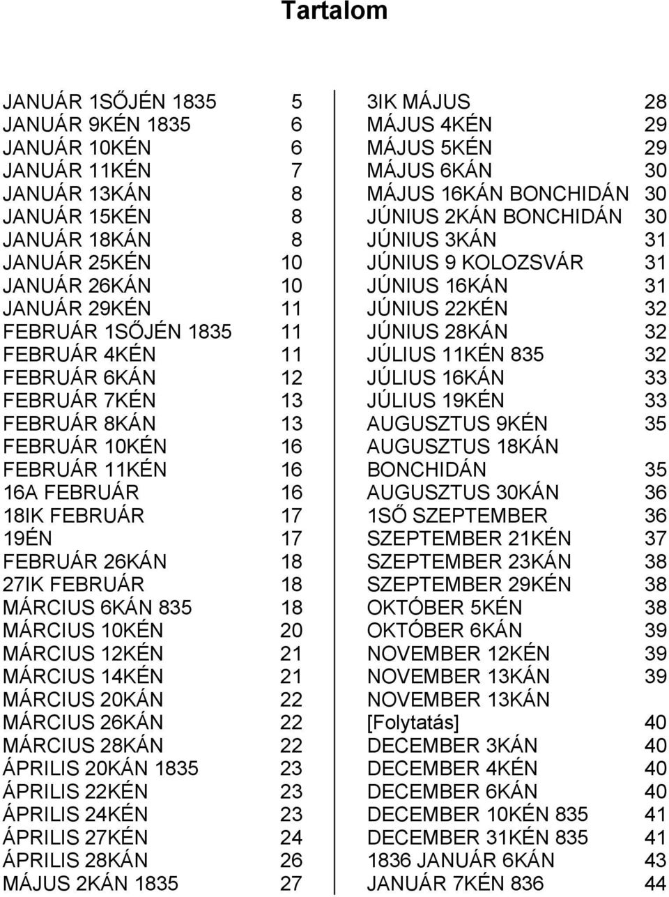 10KÉN 20 MÁRCIUS 12KÉN 21 MÁRCIUS 14KÉN 21 MÁRCIUS 20KÁN 22 MÁRCIUS 26KÁN 22 MÁRCIUS 28KÁN 22 ÁPRILIS 20KÁN 1835 23 ÁPRILIS 22KÉN 23 ÁPRILIS 24KÉN 23 ÁPRILIS 27KÉN 24 ÁPRILIS 28KÁN 26 MÁJUS 2KÁN 1835