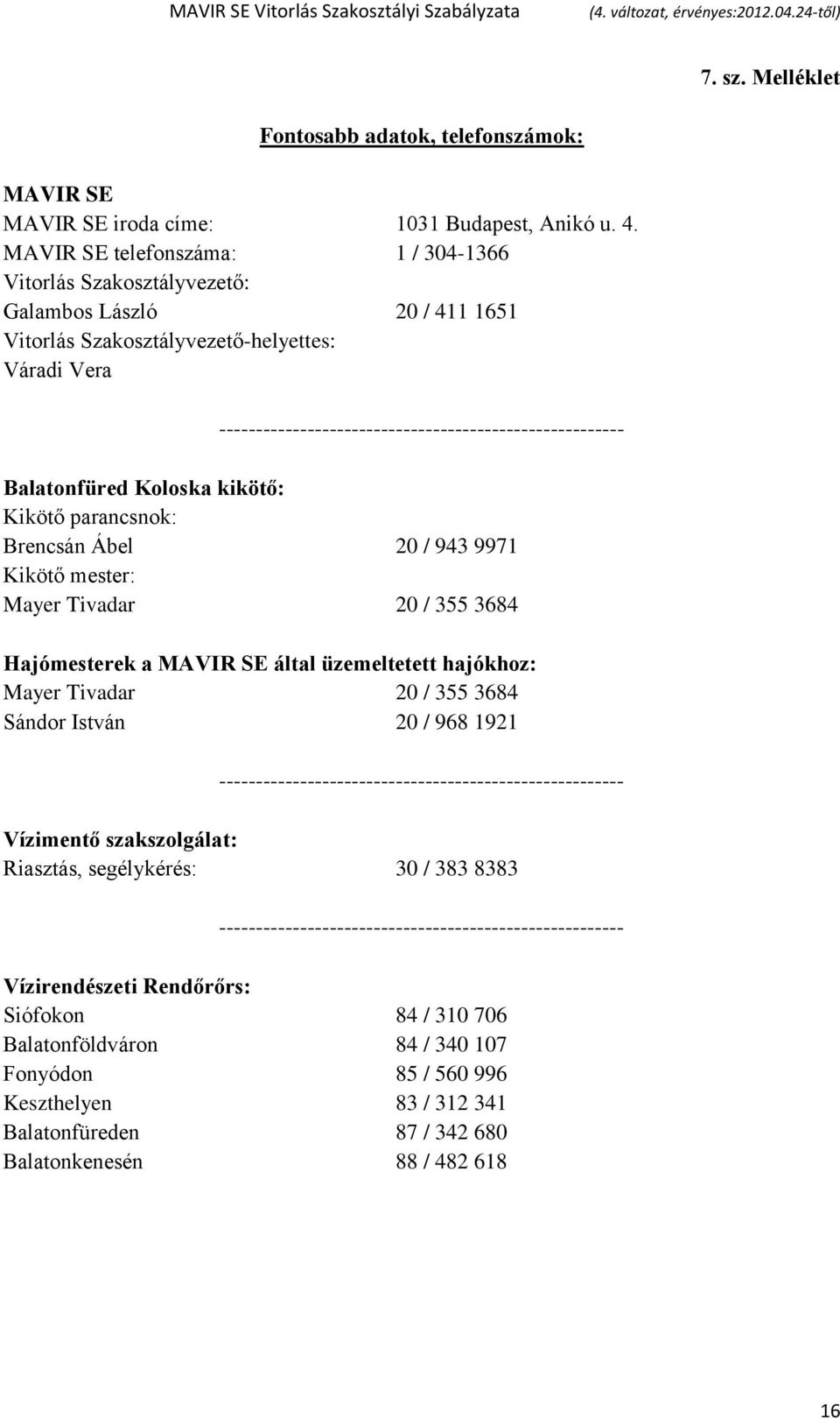 Balatonfüred Koloska kikötő: Kikötő parancsnok: Brencsán Ábel 20 / 943 9971 Kikötő mester: Mayer Tivadar 20 / 355 3684 Hajómesterek a MAVIR SE által üzemeltetett hajókhoz: Mayer Tivadar 20 / 355 3684