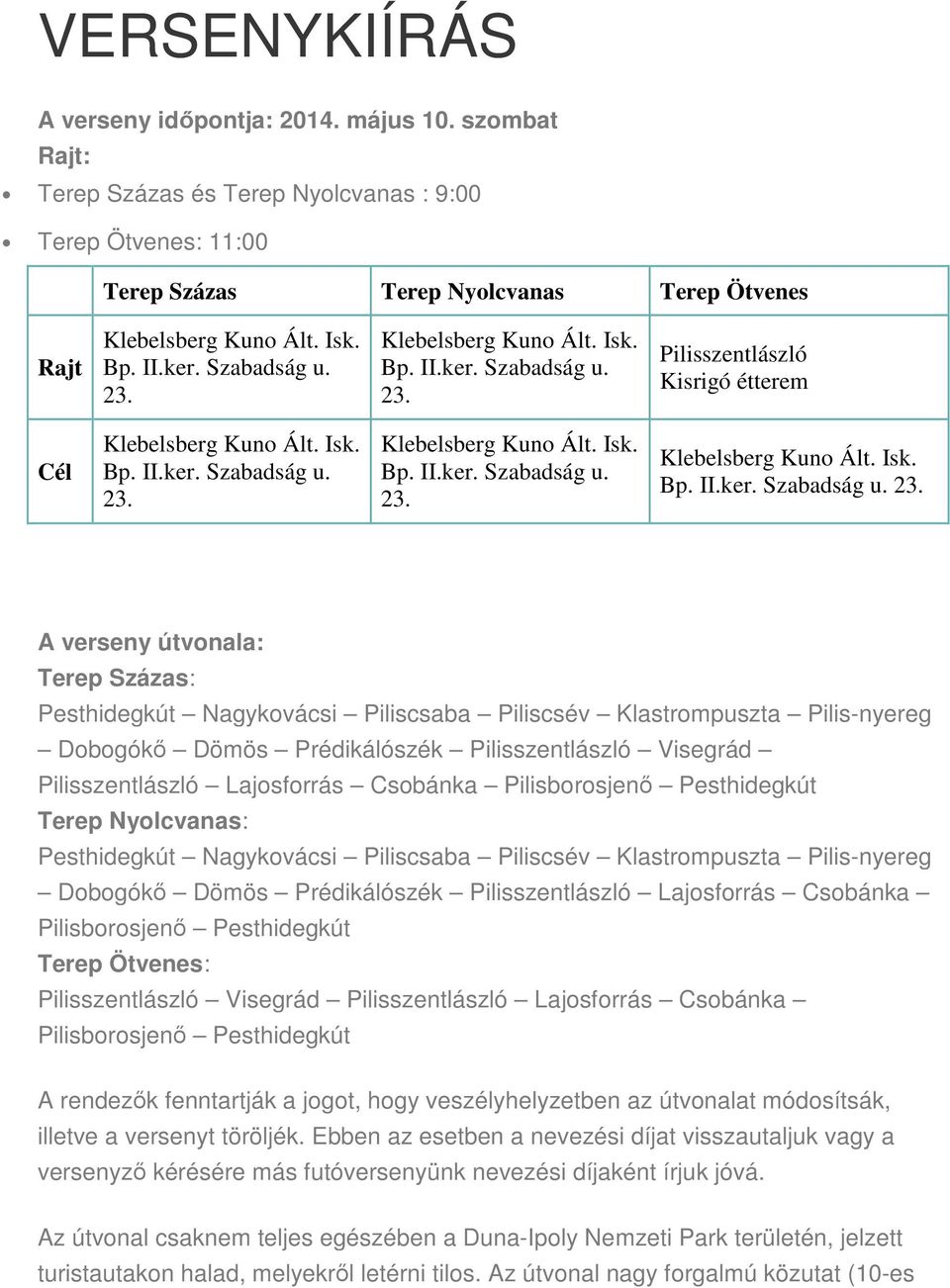 Pilisszentlászló Kisrigó étterem Cél Bp. II.ker. Szabadság u.  Bp. II.ker. Szabadság u. 23.