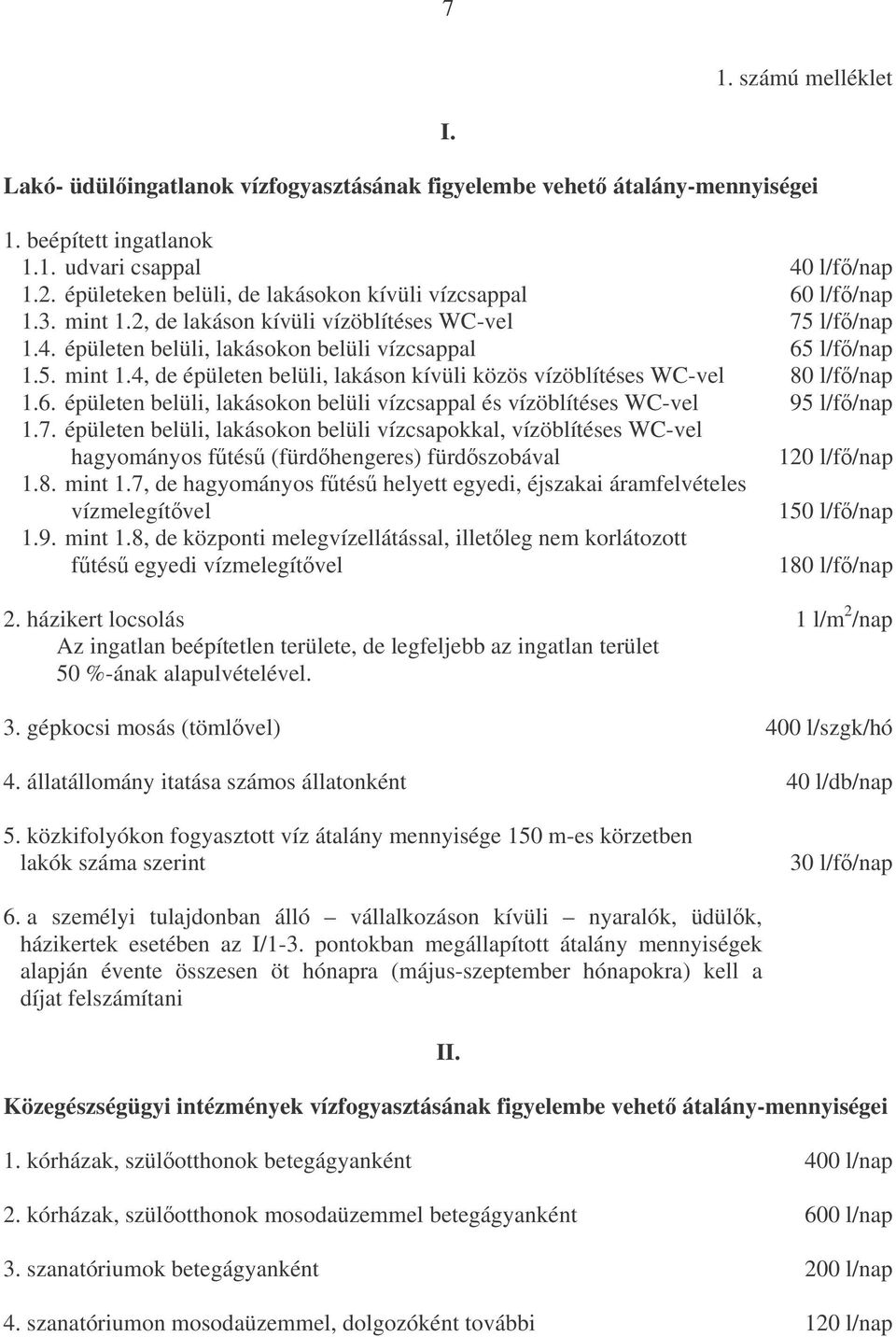 6. épületen belüli, lakásokon belüli vízcsappal és vízöblítéses WC-vel 95 l/f/nap 1.7.