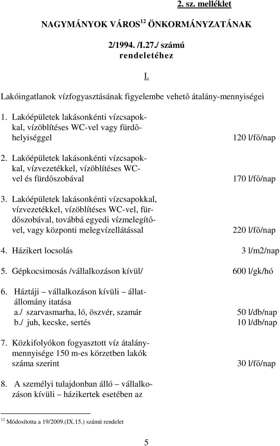 Lakóépületek lakásonkénti vízcsapokkal, vízvezetékkel, vízöblítéses WC-vel, fürdőszobával, továbbá egyedi vízmelegítővel, vagy központi melegvízellátással 120 l/fő/nap 170 l/fő/nap 220 l/fő/nap 4.