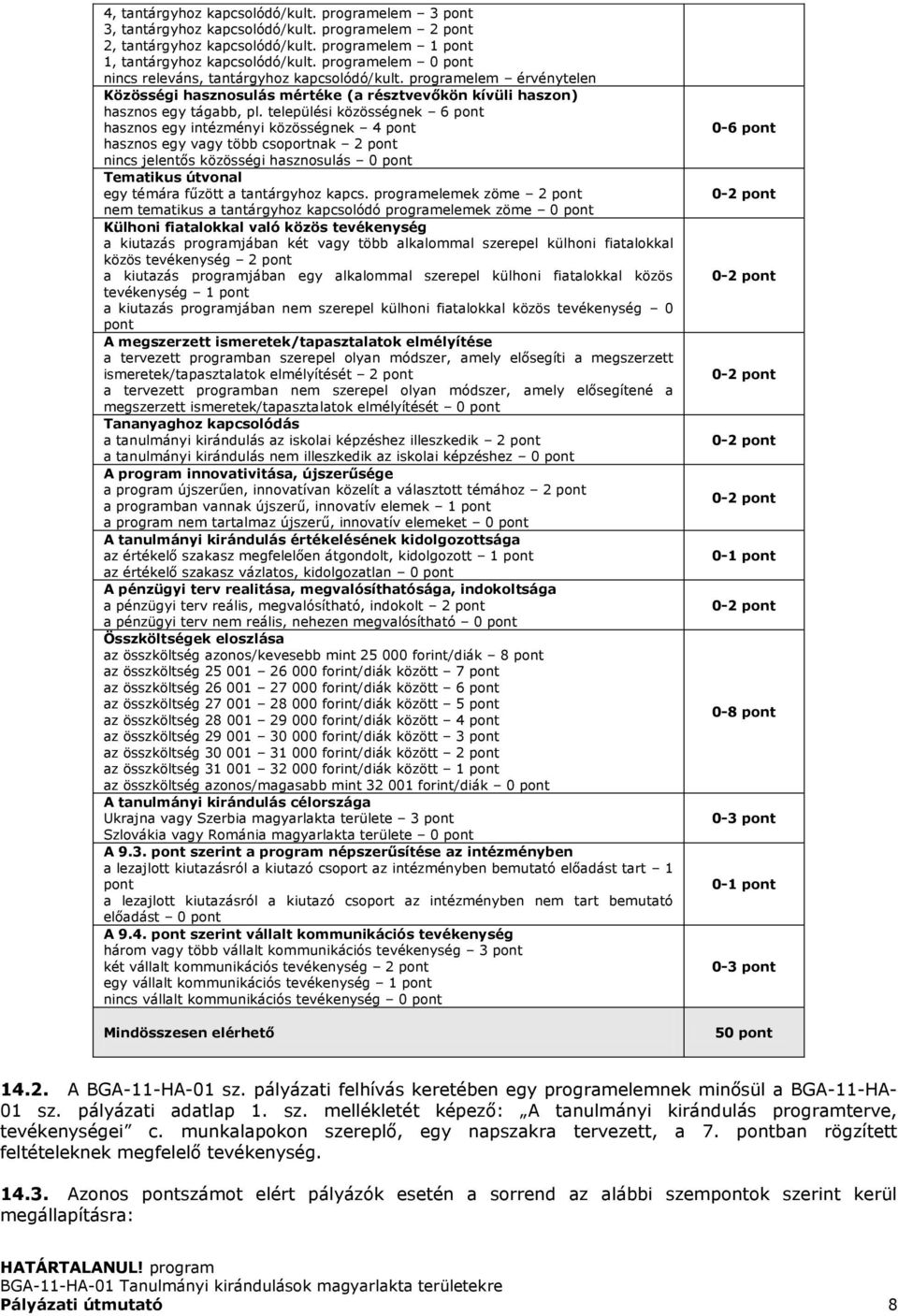 települési közösségnek 6 pont hasznos egy intézményi közösségnek 4 pont hasznos egy vagy több csoportnak 2 pont nincs jelentős közösségi hasznosulás 0 pont Tematikus útvonal egy témára fűzött a