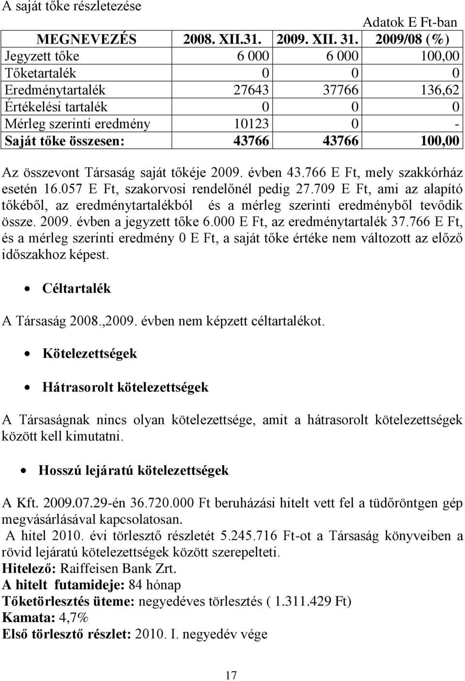 100,00 Az összevont Társaság saját tőkéje 2009. évben 43.766 E Ft, mely szakkórház esetén 16.057 E Ft, szakorvosi rendelőnél pedig 27.