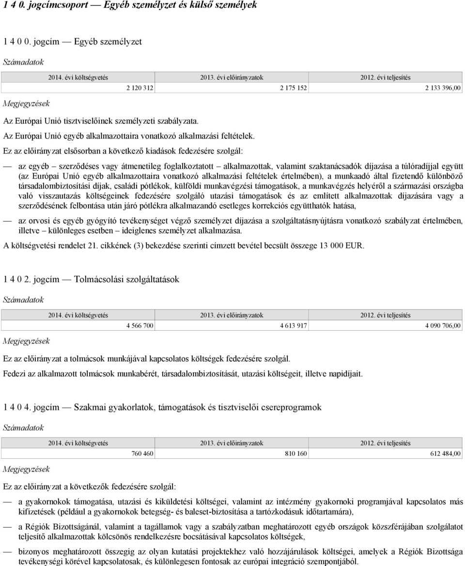 Ez az előirányzat elsősorban a következő kiadások fedezésére szolgál: az egyéb szerződéses vagy átmenetileg foglalkoztatott alkalmazottak, valamint szaktanácsadók díjazása a túlóradíjjal együtt (az