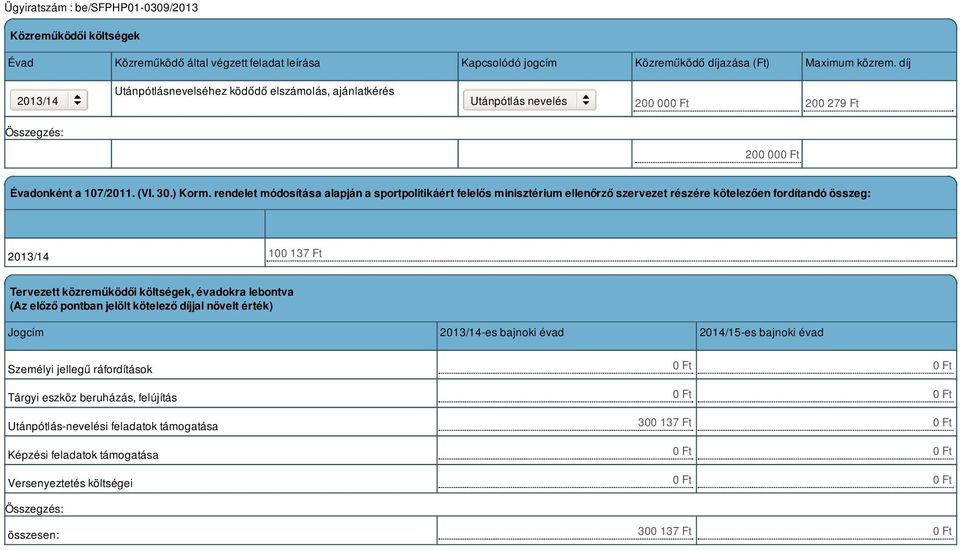 rendelet módosítása alapján a sportpolitikáért felelős minisztérium ellenőrző szervezet részére kötelezően fordítandó összeg: 100 137 Ft Tervezett közreműködői költségek, évadokra lebontva (Az előző