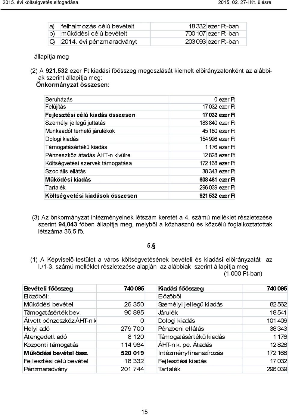 532 ezer Ft kiadási főösszeg megoszlását kiemelt előirányzatonként az alábbiak szerint állapítja meg: Önkormányzat összesen: Beruházás Felújítás Fejlesztési célú kiadás összesen Személyi jellegű