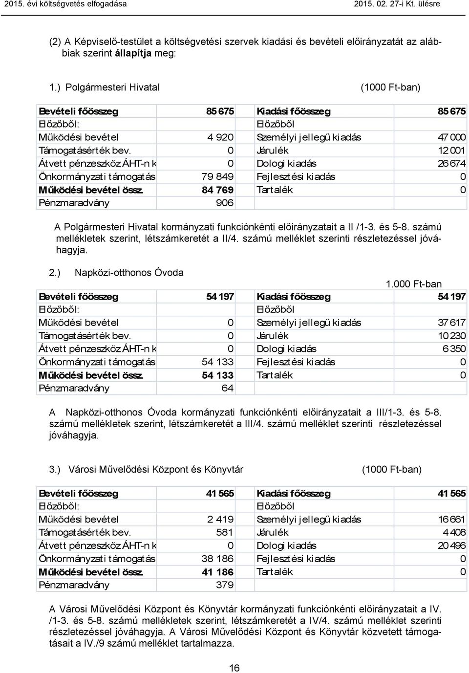 0 Járulék 12 001 Átvett pénzeszköz ÁHT-n k 0 Dologi kiadás 26 674 Önkormányzati támogatás 79 849 Fejlesztési kiadás 0 Működési bevétel össz.