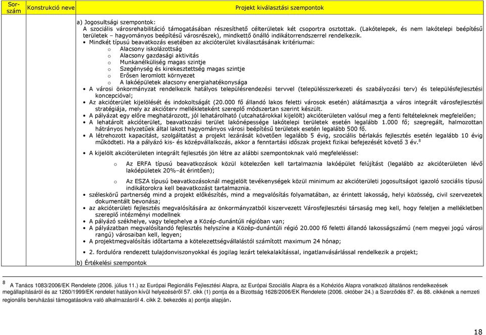 Mindkét típusú beavatkozás esetében az akcióterület kiválasztásának kritériumai: o Alacsony iskolázottság o Alacsony gazdasági aktivitás o Munkanélküliség magas szintje o Szegénység és