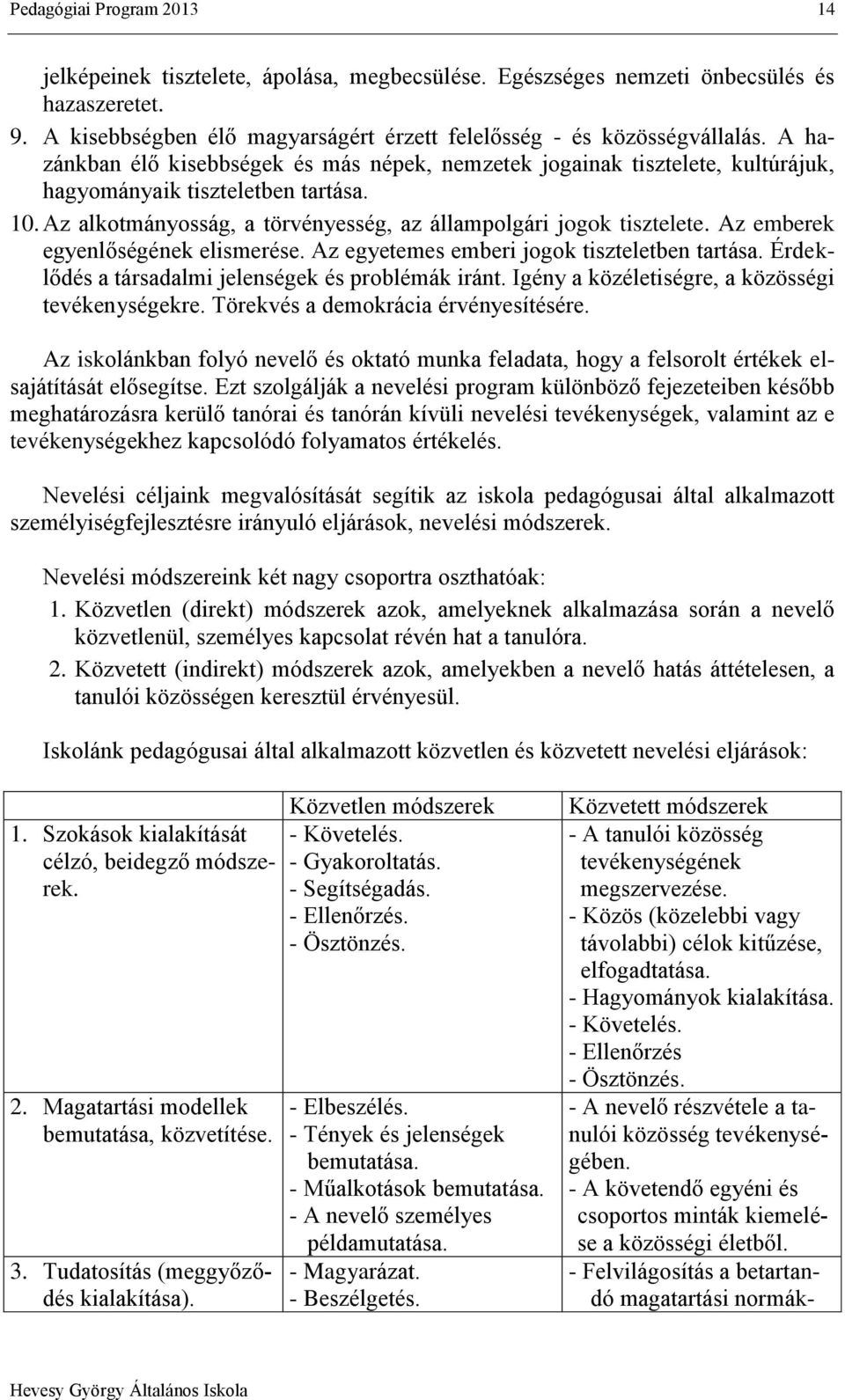 Az emberek egyenlőségének elismerése. Az egyetemes emberi jogok tiszteletben tartása. Érdeklődés a társadalmi jelenségek és problémák iránt. Igény a közéletiségre, a közösségi tevékenységekre.