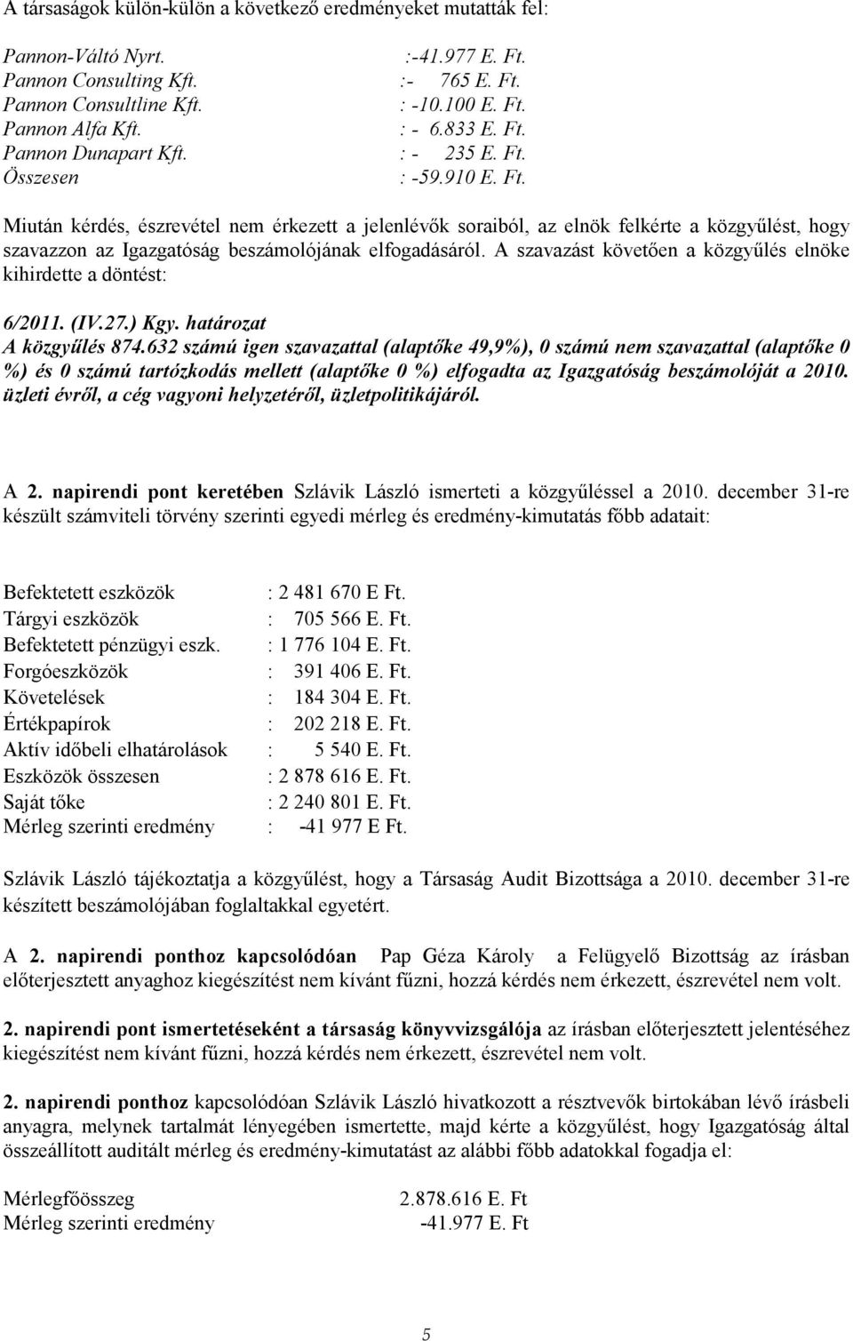 A szavazást követıen a közgyőlés elnöke kihirdette a döntést: 6/2011. (IV.27.) Kgy. határozat %) és 0 számú tartózkodás mellett (alaptıke 0 %) elfogadta az Igazgatóság beszámolóját a 2010.