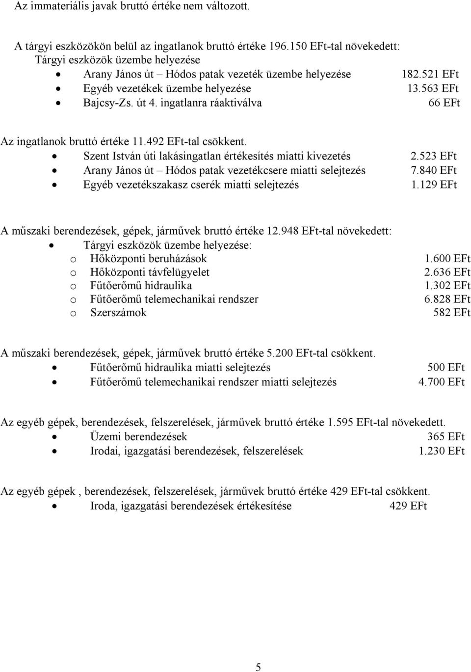 ingatlanra ráaktiválva 66 EFt Az ingatlanok bruttó értéke 11.492 EFttal csökkent. Szent István úti lakásingatlan értékesítés miatti kivezetés 2.