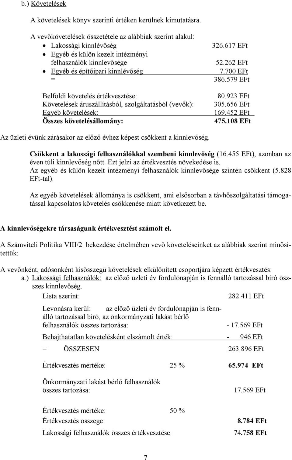 579 EFt Belföldi követelés értékvesztése: Követelések áruszállításból, szolgáltatásból (vevők): Egyéb követelések: Összes követelésállomány: 80.923 EFt 305.656 EFt 169.452 EFt 475.