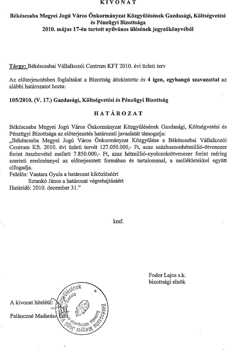 évi üzleti terv Az előterjesztésbenfoglaltakat a Bizottság áttekintette és 4 igen, egyhangú szavazattal az alábbi határozatot hozta: 105/2010. (V. 17.