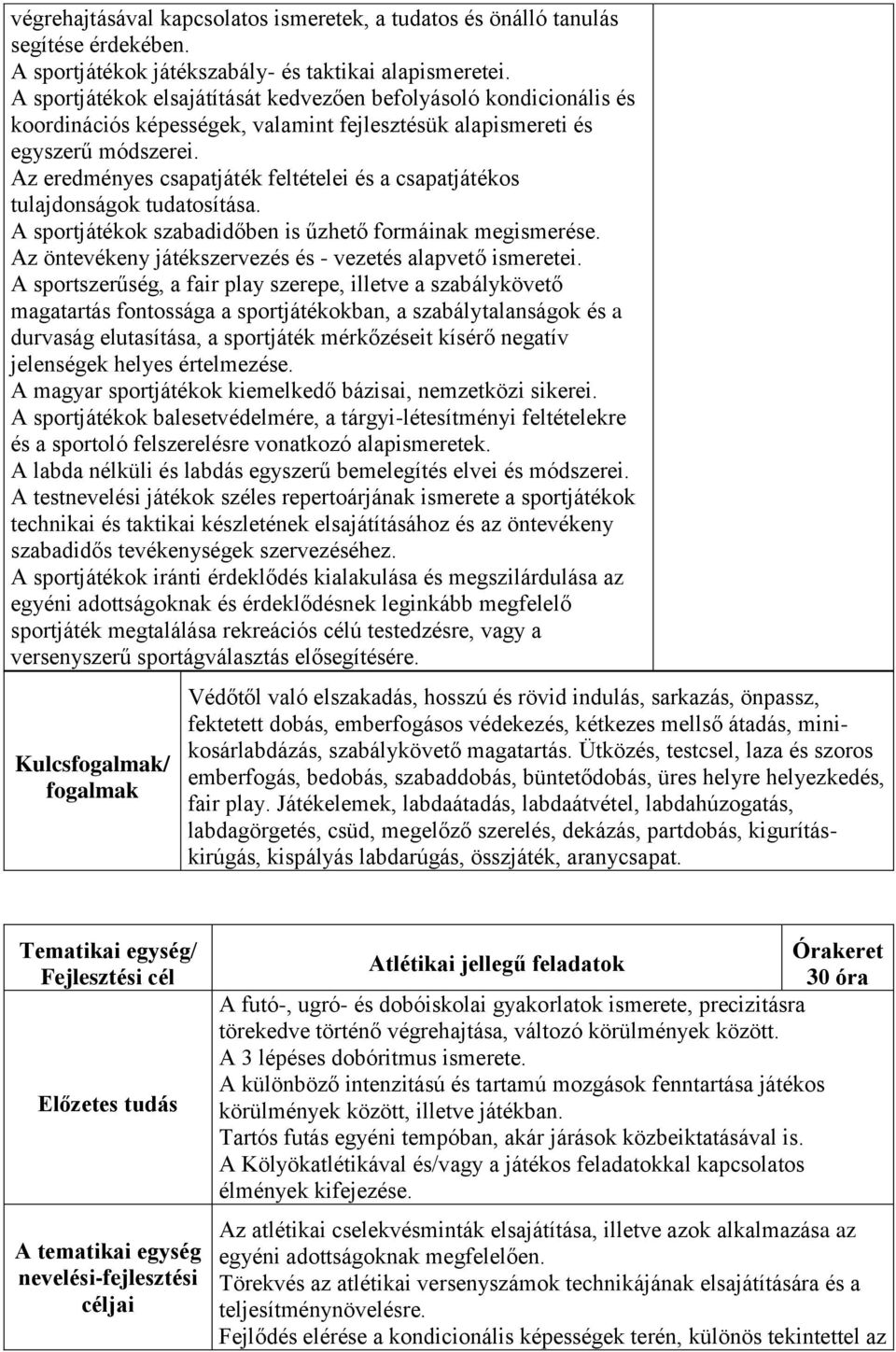 Az eredményes csapatjáték feltételei és a csapatjátékos tulajdonságok tudatosítása. A sportjátékok szabadidőben is űzhető formáinak megismerése.