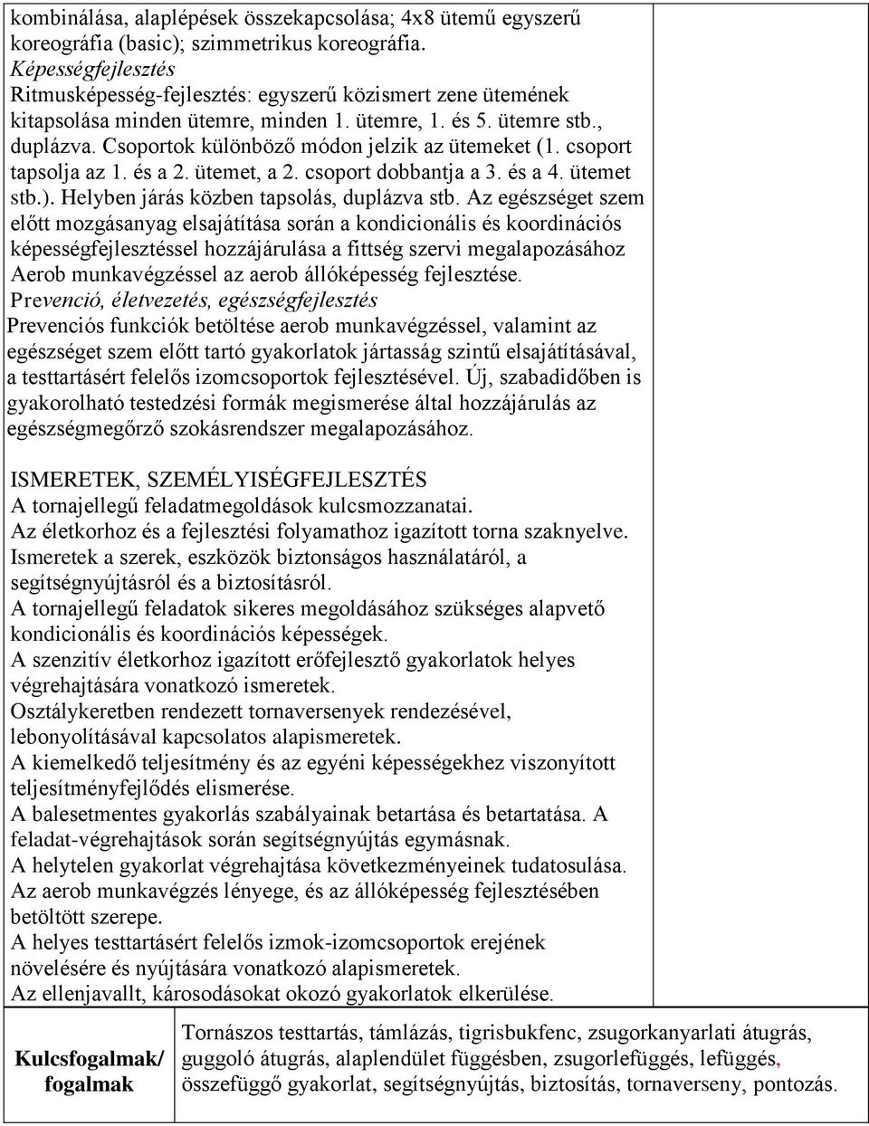 Csoportok különböző módon jelzik az ütemeket (1. csoport tapsolja az 1. és a 2. ütemet, a 2. csoport dobbantja a 3. és a 4. ütemet stb.). Helyben járás közben tapsolás, duplázva stb.