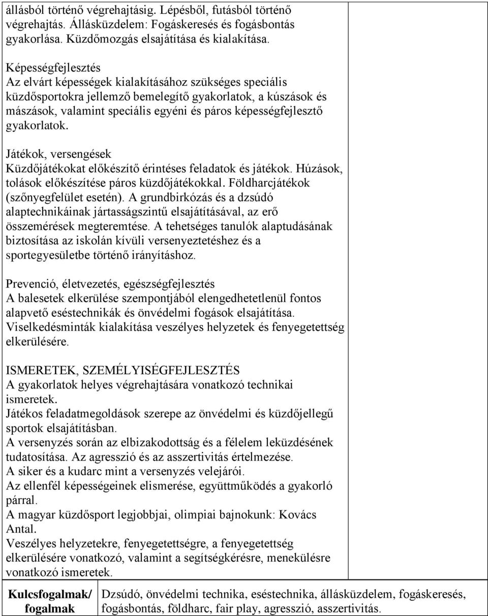 gyakorlatok. Játékok, versengések Küzdőjátékokat előkészítő érintéses feladatok és játékok. Húzások, tolások előkészítése páros küzdőjátékokkal. Földharcjátékok (szőnyegfelület esetén).