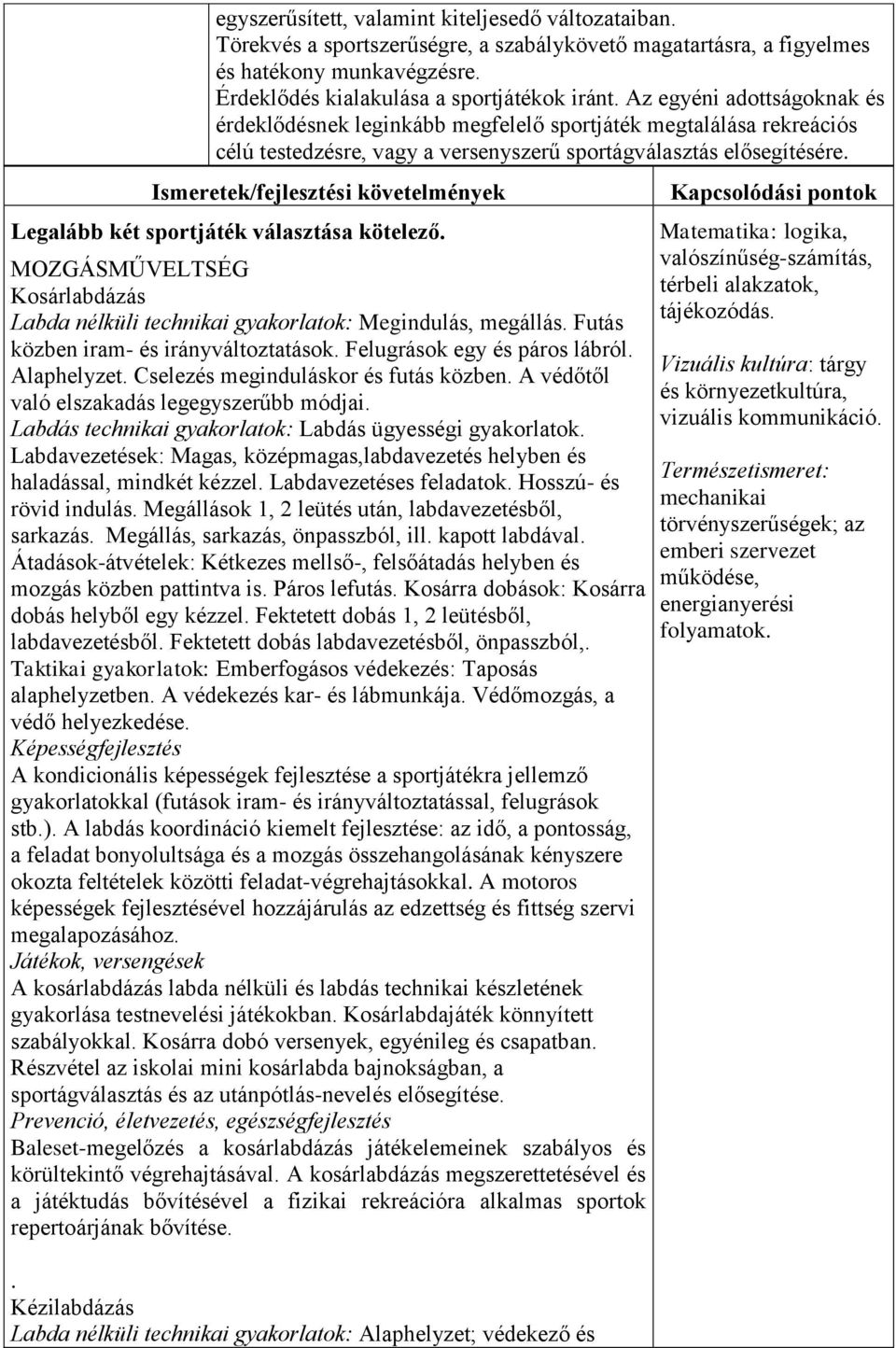 Ismeretek/fejlesztési követelmények Legalább két sportjáték választása kötelező. MOZGÁSMŰVELTSÉG Kosárlabdázás Labda nélküli technikai gyakorlatok: Megindulás, megállás.