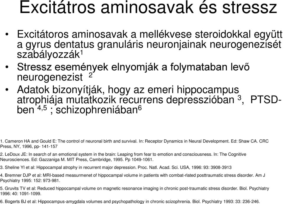 Cameron HA and Gould E: The control of neuronal birth and survival. In: Receptor Dynamics in Neural Development. Ed: Shaw CA. CRC Press, NY, 1996, pp- 141-157 2.