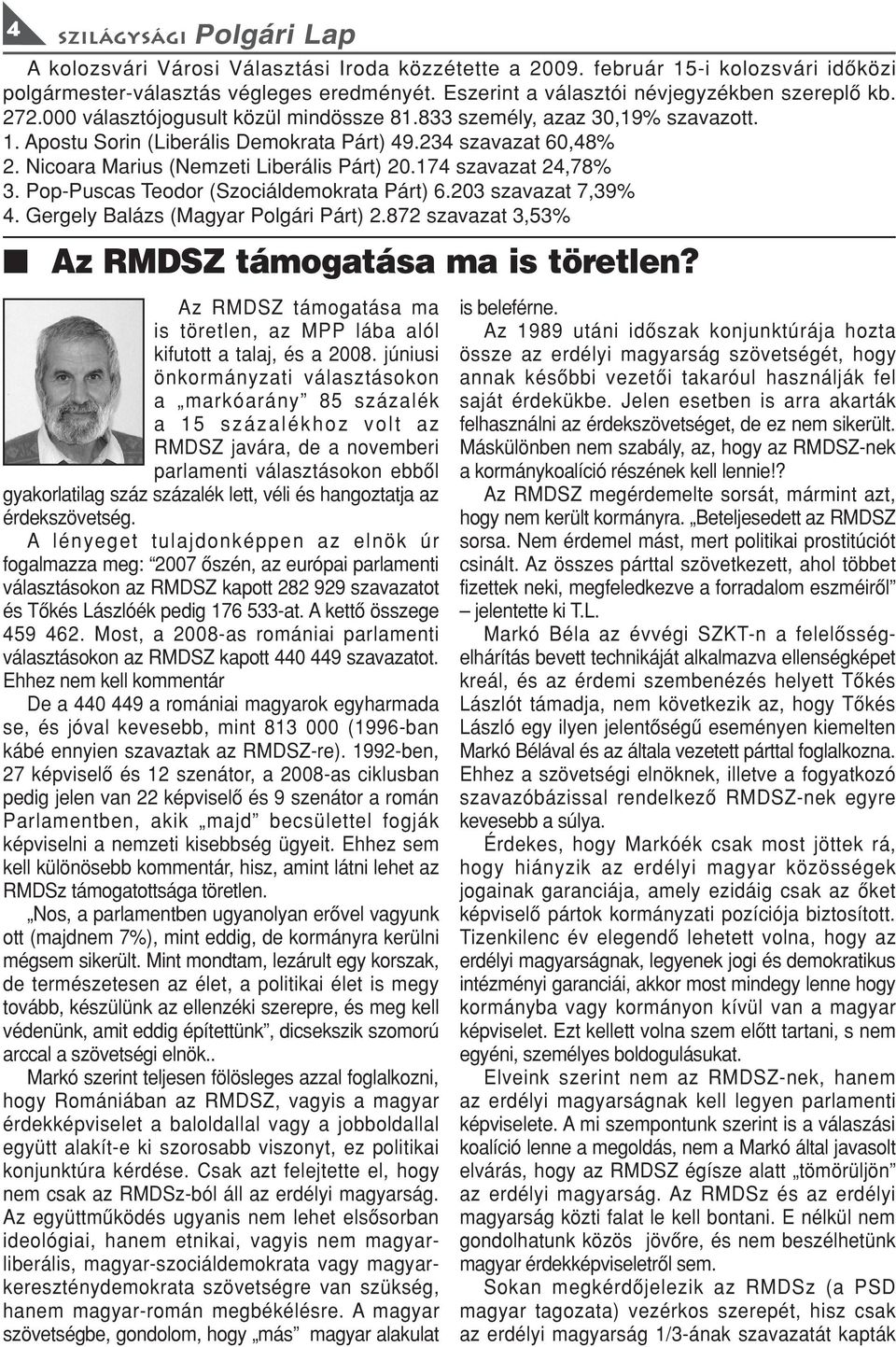 174 szavazat 24,78% 3. Pop-Puscas Teodor (Szociáldemokrata Párt) 6.203 szavazat 7,39% 4. Gergely Balázs (Magyar Polgári Párt) 2.872 szavazat 3,53% Az RMDSZ támogatása ma is töretle?