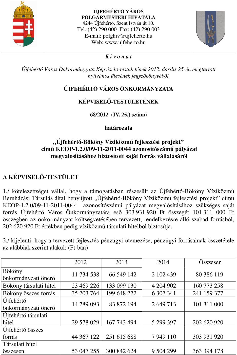 április 25-én megtartott nyilvános ülésének jegyzőkönyvéből ÚJFEHÉRTÓ VÁROS ÖNKORMÁNYZATA KÉPVISELŐ-TESTÜLETÉNEK 68/2012. (IV. 25.) számú határozata Újfehértó-Bököny Víziközmű fejlesztési projekt című KEOP-1.