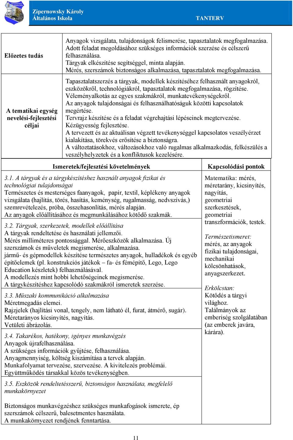 Tapasztalatszerzés a tárgyak, modellek készítéséhez felhasznált anyagokról, eszközökről, technológiákról, tapasztalatok megfogalmazása, rögzítése.