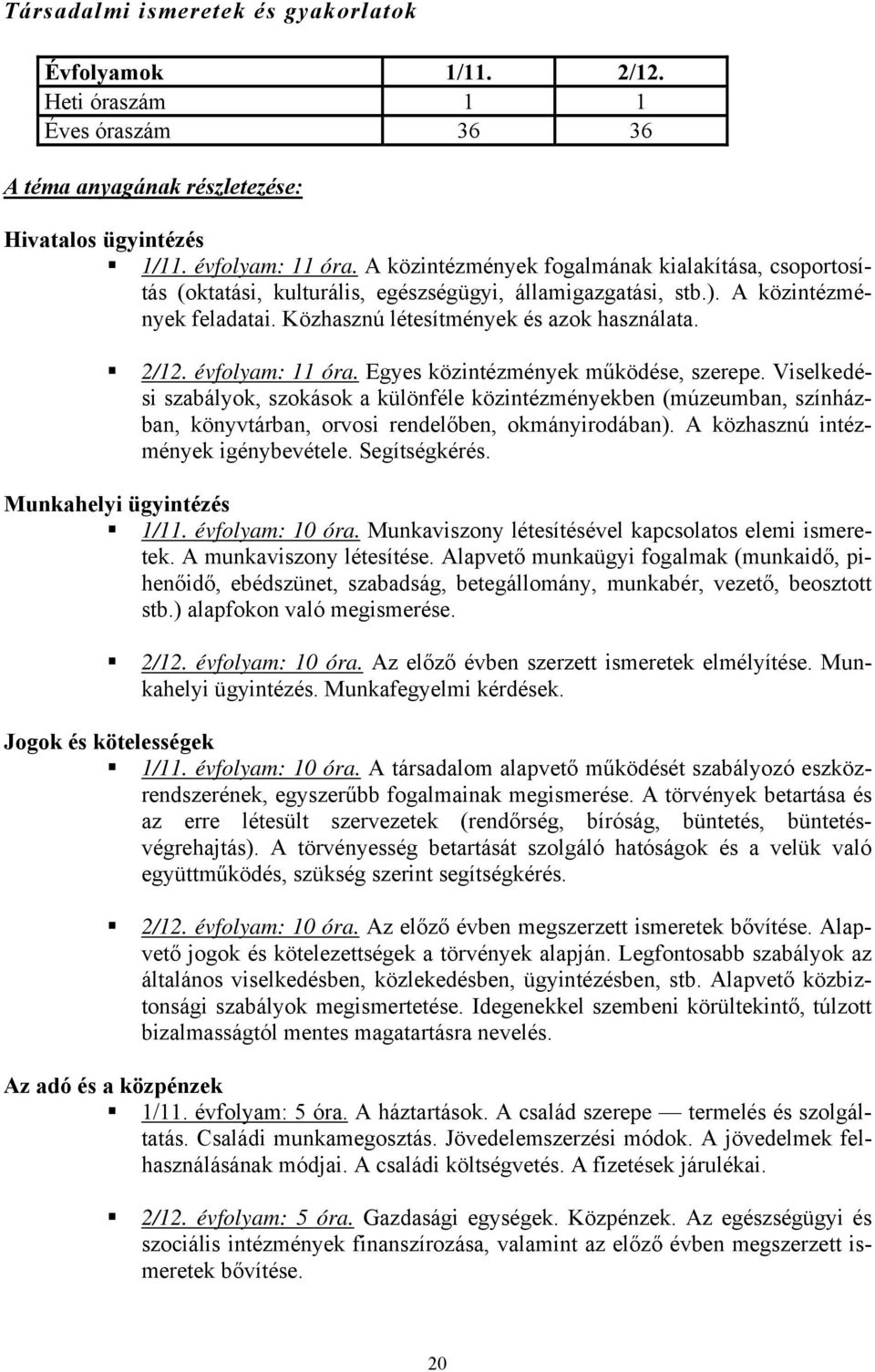 évfolyam: 11 óra. Egyes közintézmények működése, szerepe. Viselkedési szabályok, szokások a különféle közintézményekben (múzeumban, színházban, könyvtárban, orvosi rendelőben, okmányirodában).