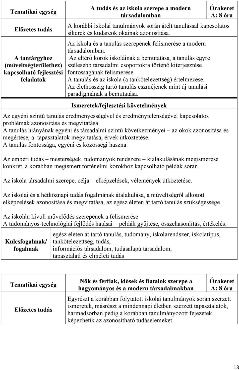 Az eltérő korok iskoláinak a bemutatása, a tanulás egyre szélesebb társadalmi csoportokra történő kiterjesztése fontosságának felismerése. A tanulás és az iskola (a tankötelezettség) értelmezése.