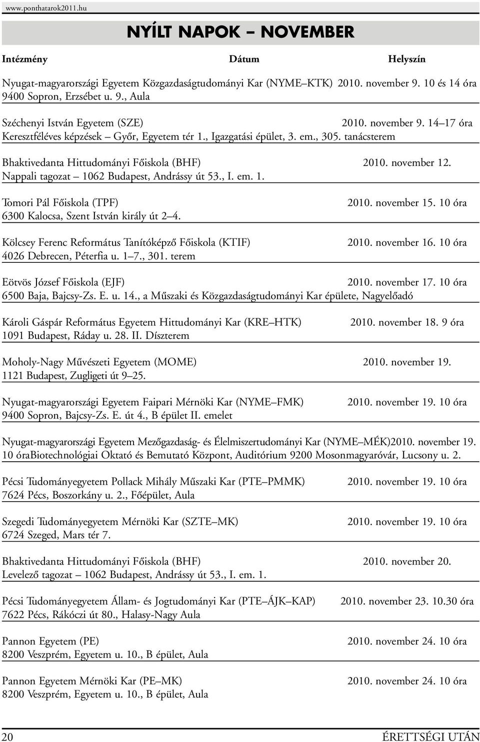 Nappali tagozat 1062 Budapest, Andrássy út 53., I. em. 1. Tomori Pál Fôiskola (TPF) 6300 Kalocsa, Szent István király út 2 4.