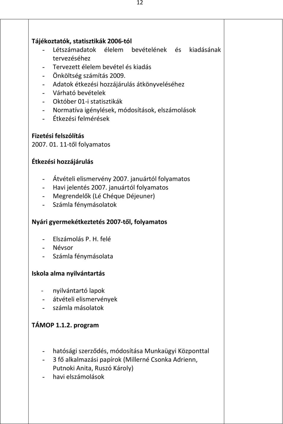 januártól folyamatos - Havi jelentés 2007. januártól folyamatos - Megrendelők (Lé Chéque Déjeuner) - Számla fénymásolatok Nyári gyermekétkeztetés 2007-től, folyamatos - Elszámolás P. H. felé - Névsor - Számla fénymásolata Iskola alma nyilvántartás - nyilvántartó lapok - átvételi elismervények - számla másolatok TÁMOP 1.