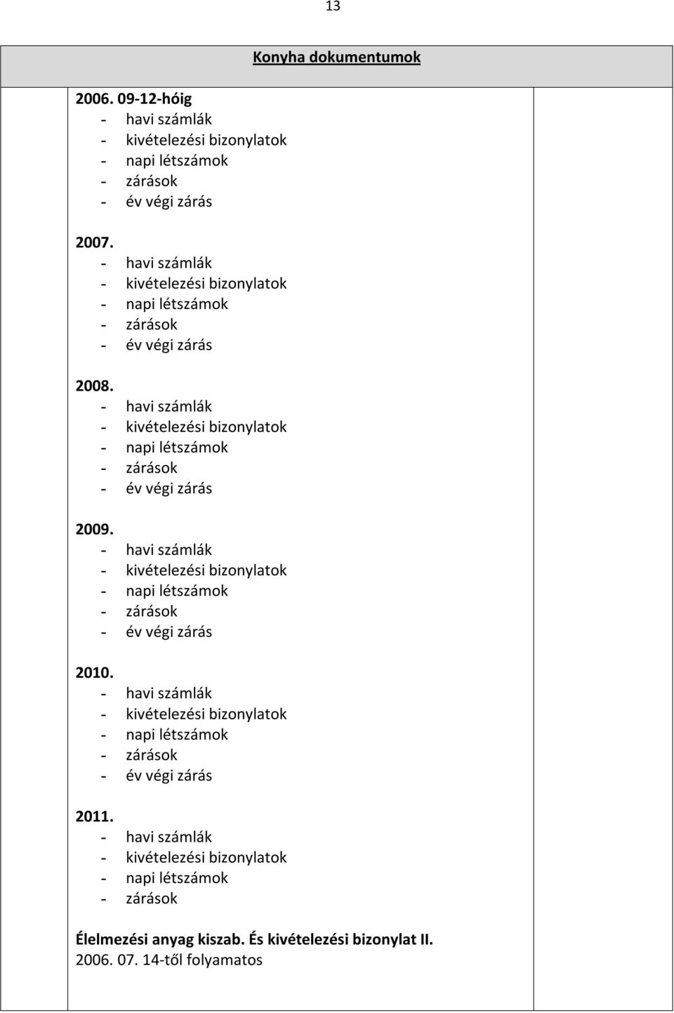 - havi számlák - kivételezési bizonylatok - napi létszámok - zárások - év végi zárás 2009.