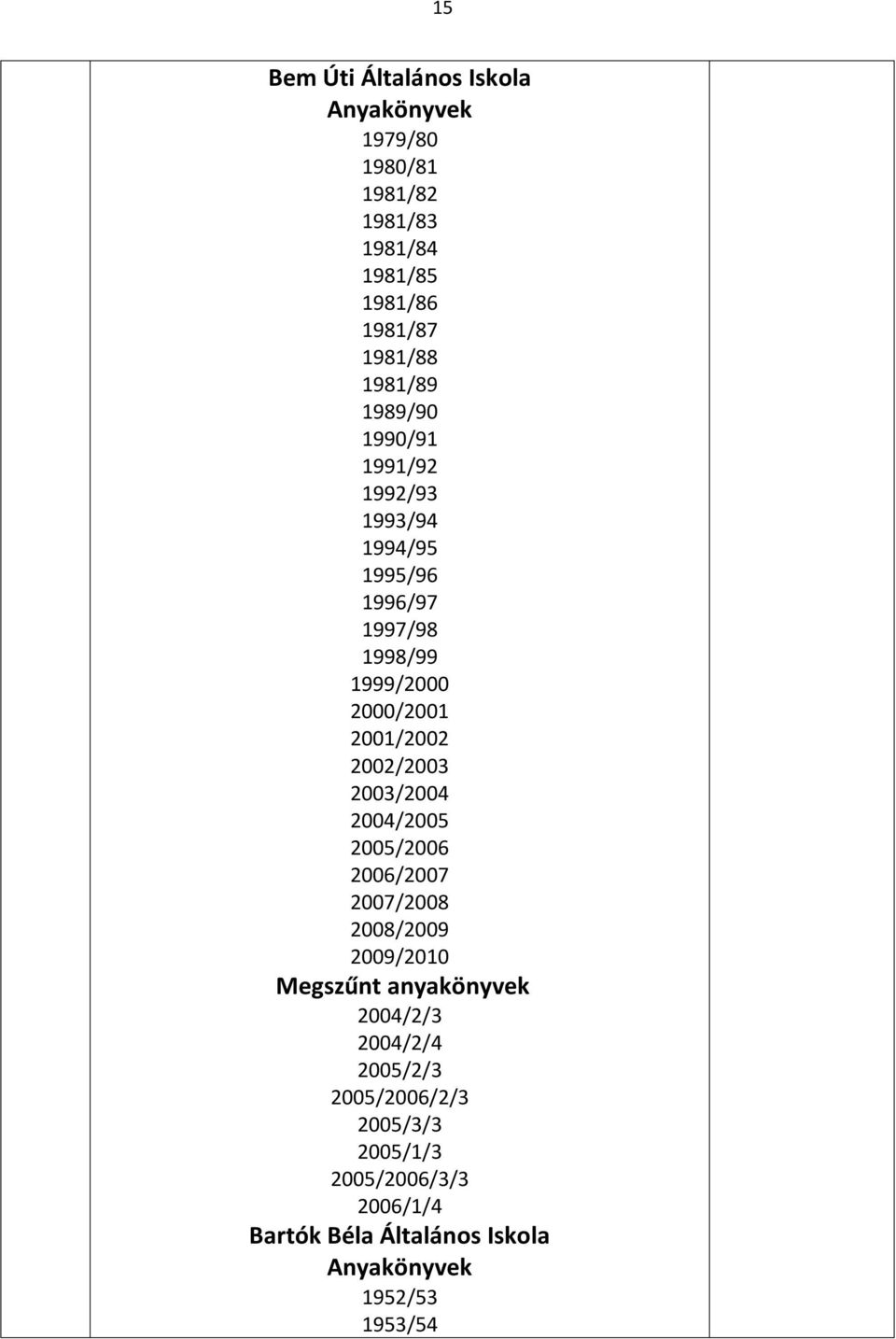 2001/2002 2002/2003 2003/2004 2004/200 200/2006 2006/2007 2007/2008 2008/2009 2009/2010 Megszűnt anyakönyvek