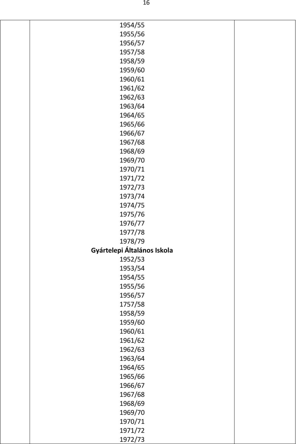 1977/78 1978/79 Gyártelepi Általános Iskola 192/3 193/4 194/ 19/6 196/7 177/8 198/9 199/60