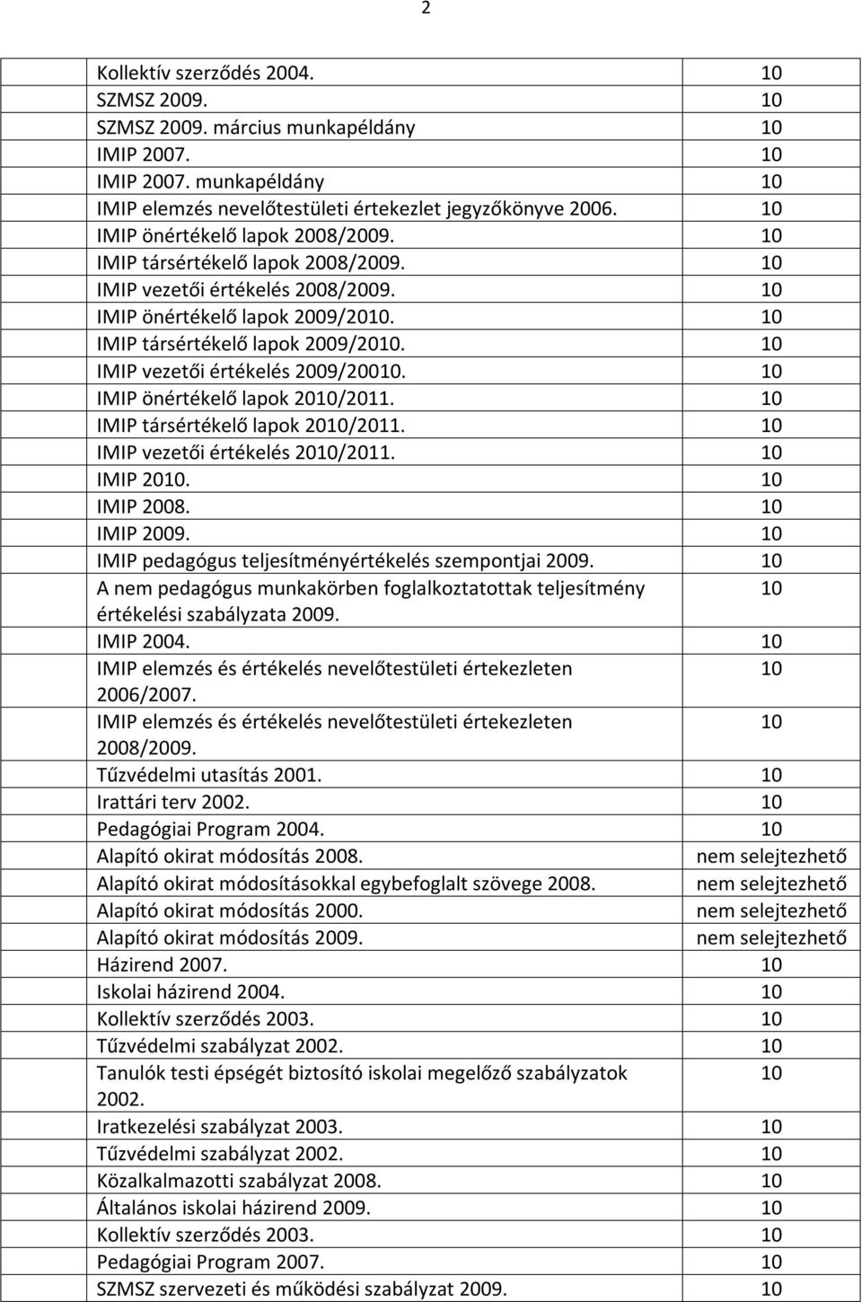 10 IMIP vezetői értékelés 2009/20010. 10 IMIP önértékelő lapok 2010/2011. 10 IMIP társértékelő lapok 2010/2011. 10 IMIP vezetői értékelés 2010/2011. 10 IMIP 2010. 10 IMIP 2008. 10 IMIP 2009.