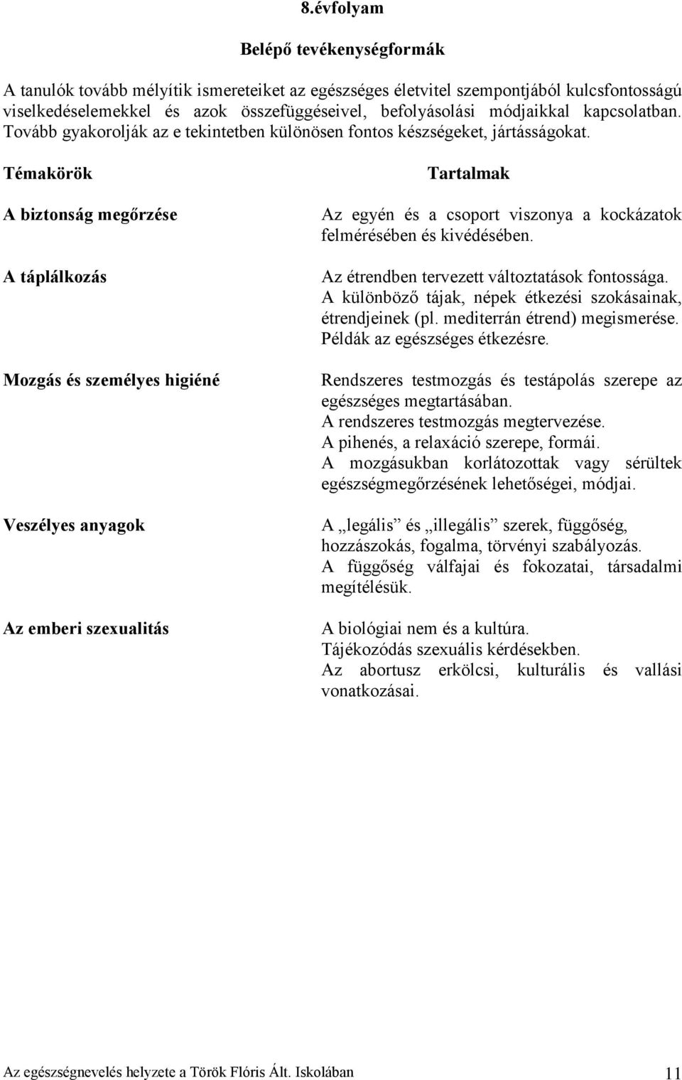 Témakörök A biztonság megőrzése A táplálkozás Mozgás és személyes higiéné Veszélyes anyagok Az emberi szexualitás Tartalmak Az egyén és a csoport viszonya a kockázatok felmérésében és kivédésében.