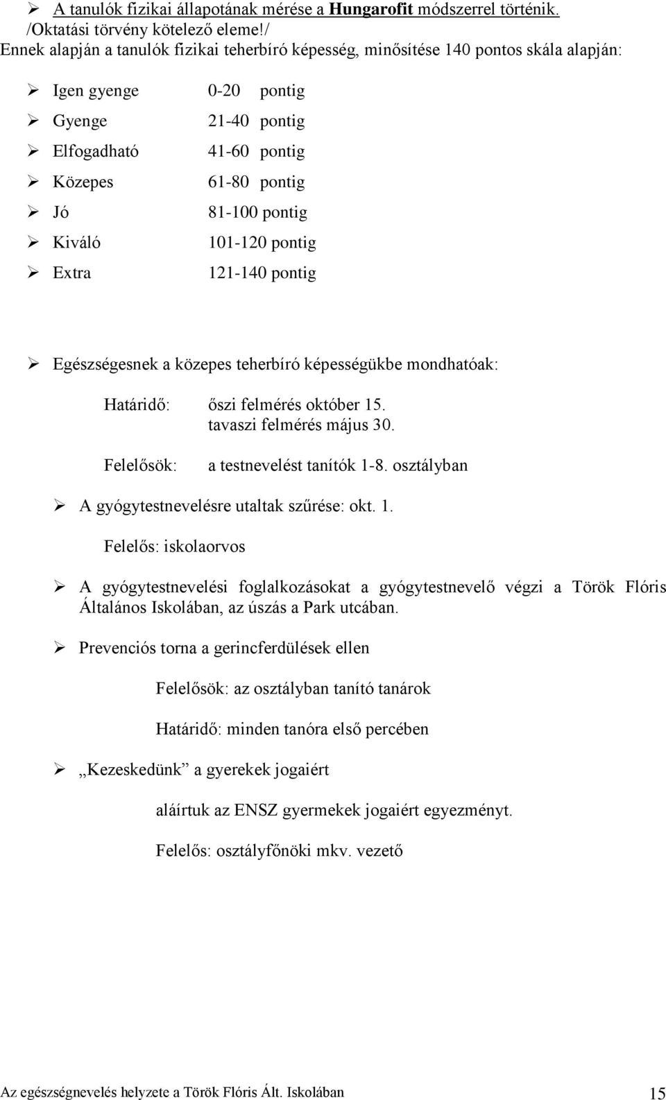 81-100 pontig 101-120 pontig 121-140 pontig Egészségesnek a közepes teherbíró képességükbe mondhatóak: Határidő: őszi felmérés október 15. tavaszi felmérés május 30.