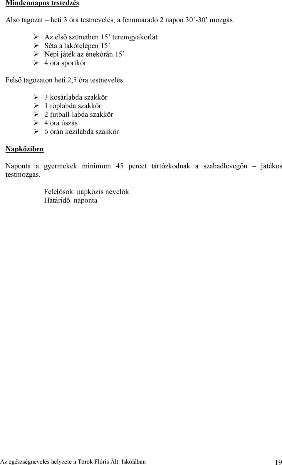 testnevelés Napköziben 3 kosárlabda szakkör 1 röplabda szakkör 2 futball-labda szakkör 4 óra úszás 6 órán kézilabda szakkör Naponta a