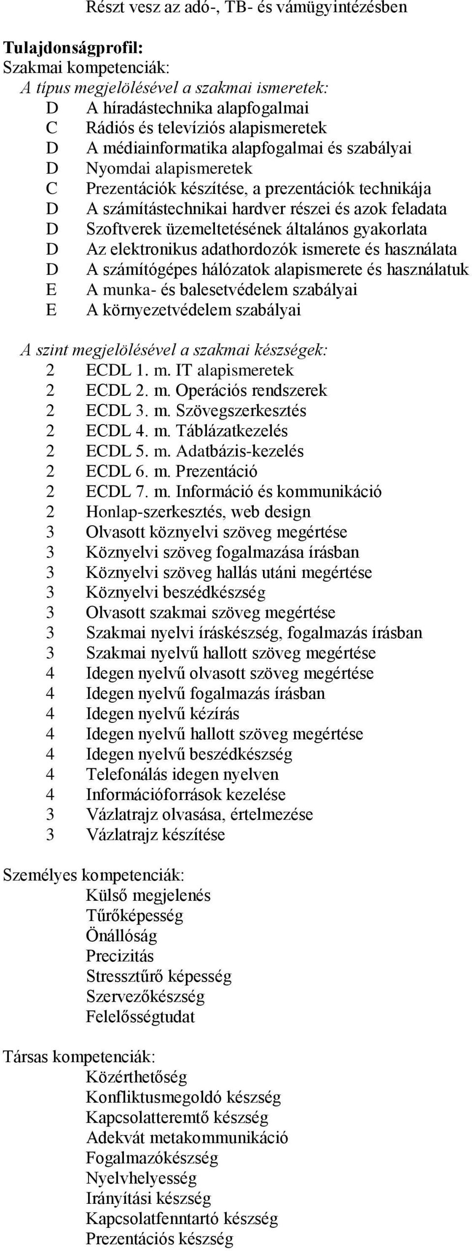 üzemeltetésének általános gyakorlata D Az elektronikus adathordozók ismerete és használata D A számítógépes hálózatok alapismerete és használatuk E A munka- és balesetvédelem szabályai E A