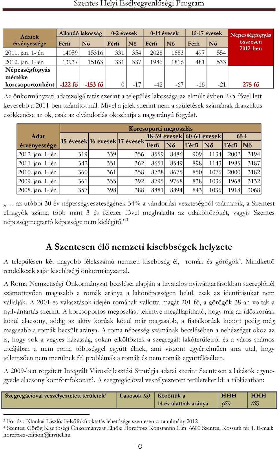 1-jén 13937 15163 331 337 1986 1816 481 533 Népességfogyás mértéke korcsoportonként -122 fő -153 fő 0-17 -42-67 -16-21 275 fő Az önkormányzati adatszolgáltatás szerint a település lakossága az elmúlt