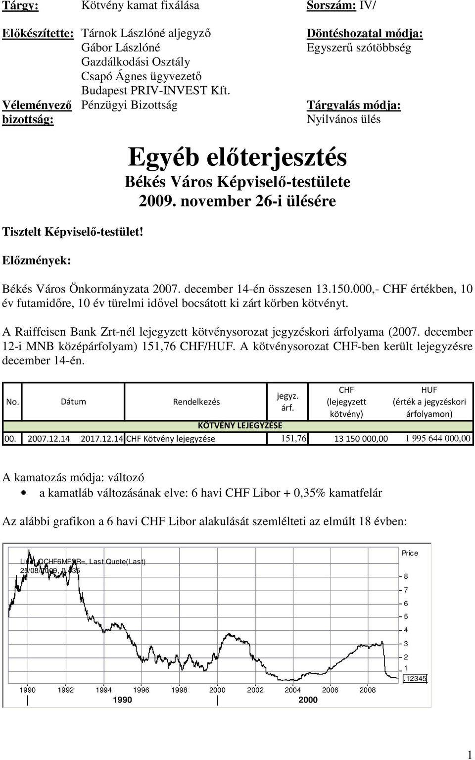 november 26-i ülésére Döntéshozatal módja: Egyszerő szótöbbség Tárgyalás módja: Nyilvános ülés Békés Város Önkormányzata 2007. december 14-én összesen 13.150.