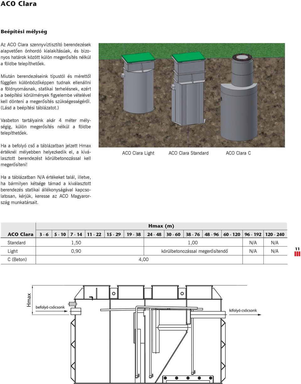 sítés szükségességéró l. (Lásd a beépítési táblázatot.) Vasbeton tartályaink akár 4 méter mélységig, külön megeró sítés nélkül a földbe telepíthetó ek.