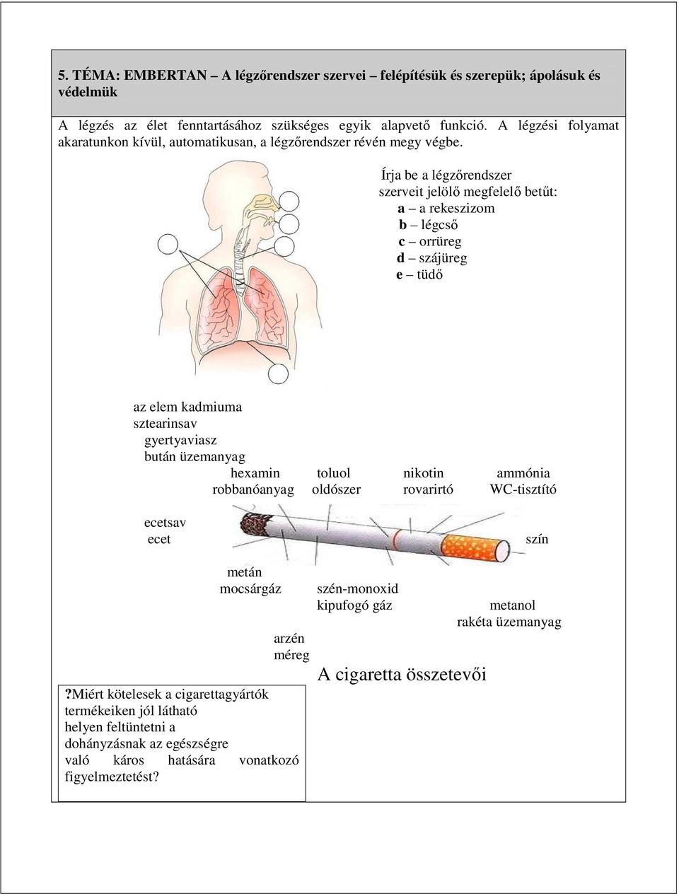 Írja be a légzőrendszer szerveit jelölő megfelelő betűt: a a rekeszizom b légcső c orrüreg d szájüreg e tüdő az elem kadmiuma sztearinsav gyertyaviasz bután üzemanyag hexamin toluol