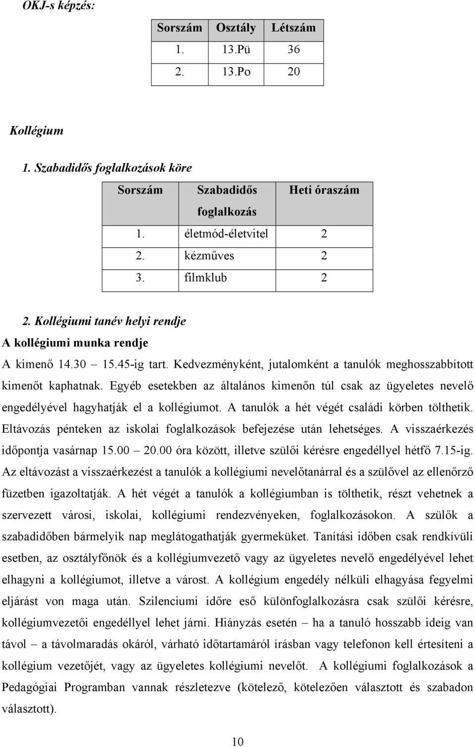 Egyéb esetekben az általános kimenőn túl csak az ügyeletes nevelő engedélyével hagyhatják el a kollégiumot. A tanulók a hét végét családi körben tölthetik.