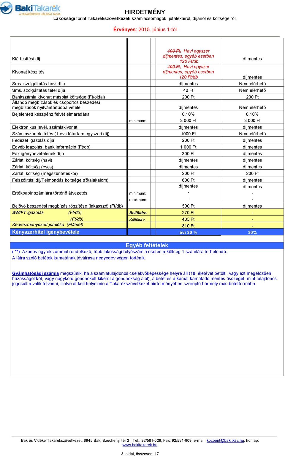 készpénz felvét elmaradása 0,10% 0,10% 3 000 Ft 3 000 Ft Elektronikus levél, számlakivonat Számlaszüneteltetés (1 év időtartam egyszeri díj) 1000 Ft Nem elérhető Fedezet igazolás díja Egyéb igazolás,