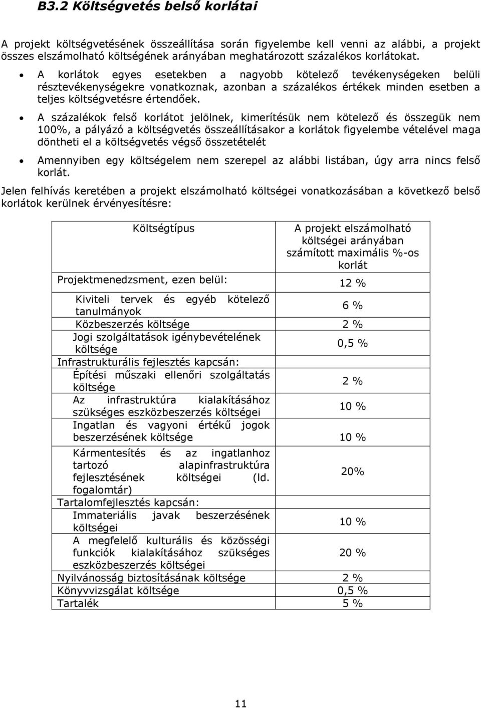 A százalékok felső korlátot jelölnek, kimerítésük nem kötelező és összegük nem 100%, a pályázó a költségvetés összeállításakor a korlátok figyelembe vételével maga döntheti el a költségvetés végső