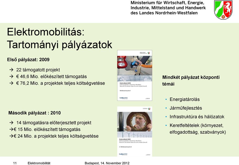 a projektek teljes költségvetése Mindkét pályázat központi témái Energiatárolás Második pályázat : 2010 14 támogatásra