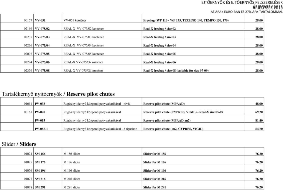 VV-075/06 REAL-X VV-075/06 konténer Real-X freebag / size 06 28,00 02379 VV-075/08 REAL-X VV-075/08 konténer Real-X freebag / size 08 (suitable for size 07-09) 28,00 Tartalékernyő nyitóernyők /