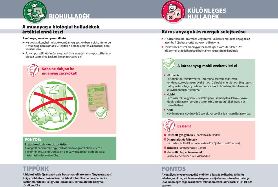 KÜLÖNLEGES HULLADÉK Káros anyagok és mérgek selejtezése A háztartásokból származó vegyszerek, lakkok és mérgező anyagok az atzenhofi újrahasznosító udvaron adhatók le.