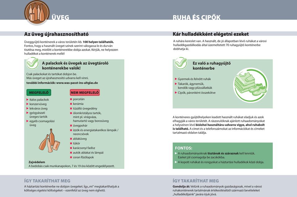 Kár hulladékként elégetni ezeket A ruhára kereslet van. A használt, de jó állapotban lévő ruhákat a városi hulladékgazdálkodás által üzemeltetett 70 ruhagyűjtő konténerbe dobhatja ki.